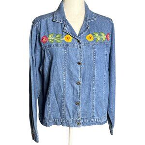Agapo Denim Jacket Blue Embroidered Lightweight Jean Boho Cottage Casual Women L